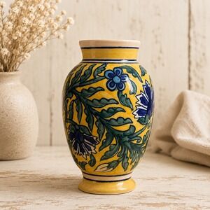 Hand Painted Yellow Blue Floral Ceramic Vase Glazed Pottery Folk Art Decor 10in